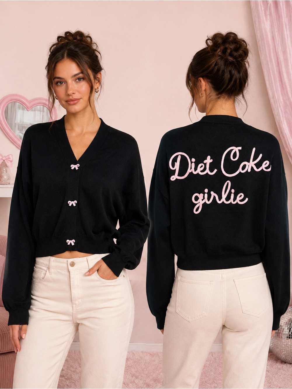 Target x Diet Coke Girlie Bow Cardigan Black Pink Coquette Oversized Small